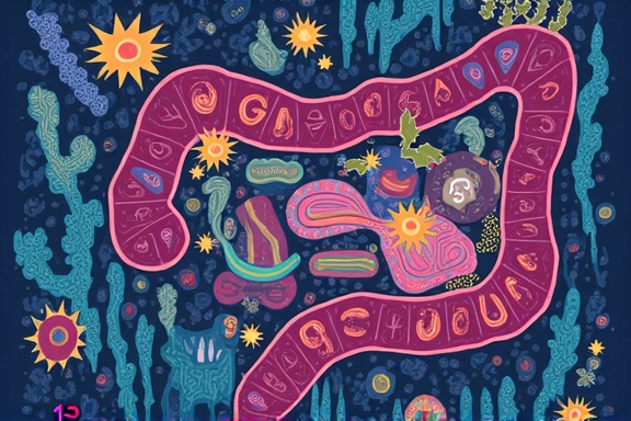 A healthy gut represented by microscopic imagery of beneficial bacteria within the human digestive system, symbolizing gut health.