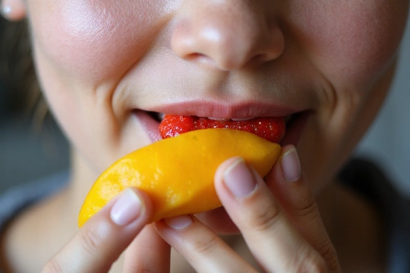 A person practicing mindful eating, slowly savoring a piece of fruit with focused attention, promoting wellness.
