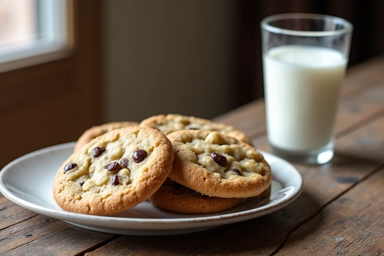 A plate of healthy cookies with a glass of milk, symbolizing digital cookies and user choices.