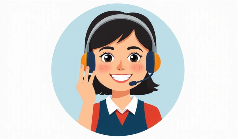 Illustration of a customer support representative answering a phone call, with a headset and a friendly smile. Modern, professional.