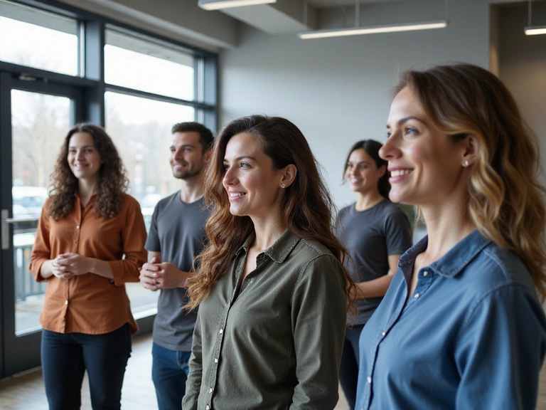 Group of diverse professionals participating in a corporate wellness session, looking engaged and healthy